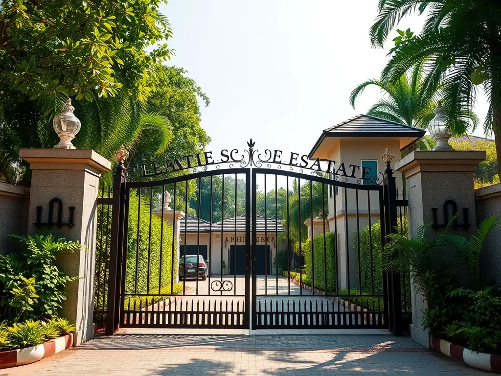 A photograph showcasing a gated estate entrance in a sunny environment, emphasizing security and exclusivity.