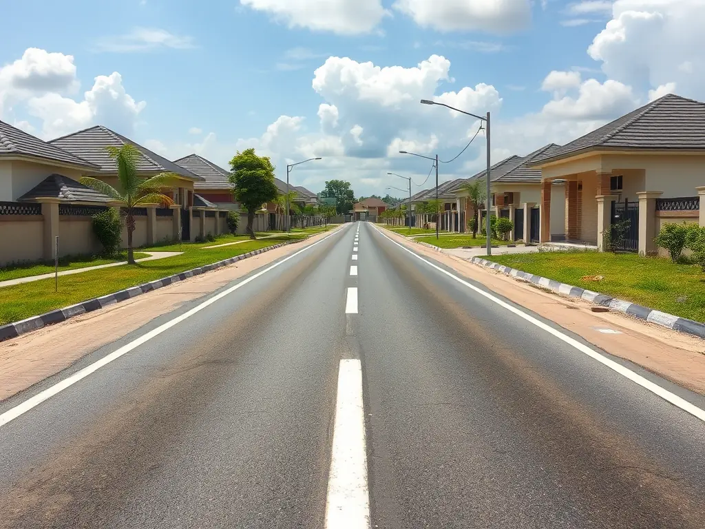 A photograph of a well-maintained road leading to a residential area, emphasizing accessibility and convenience.